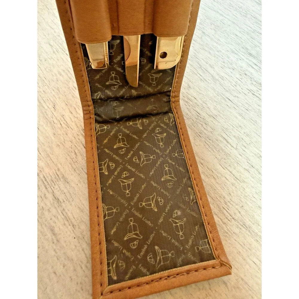 Vintage English Leather Grooming Kit Gold Tone Manicure Travel Case Set Unisex